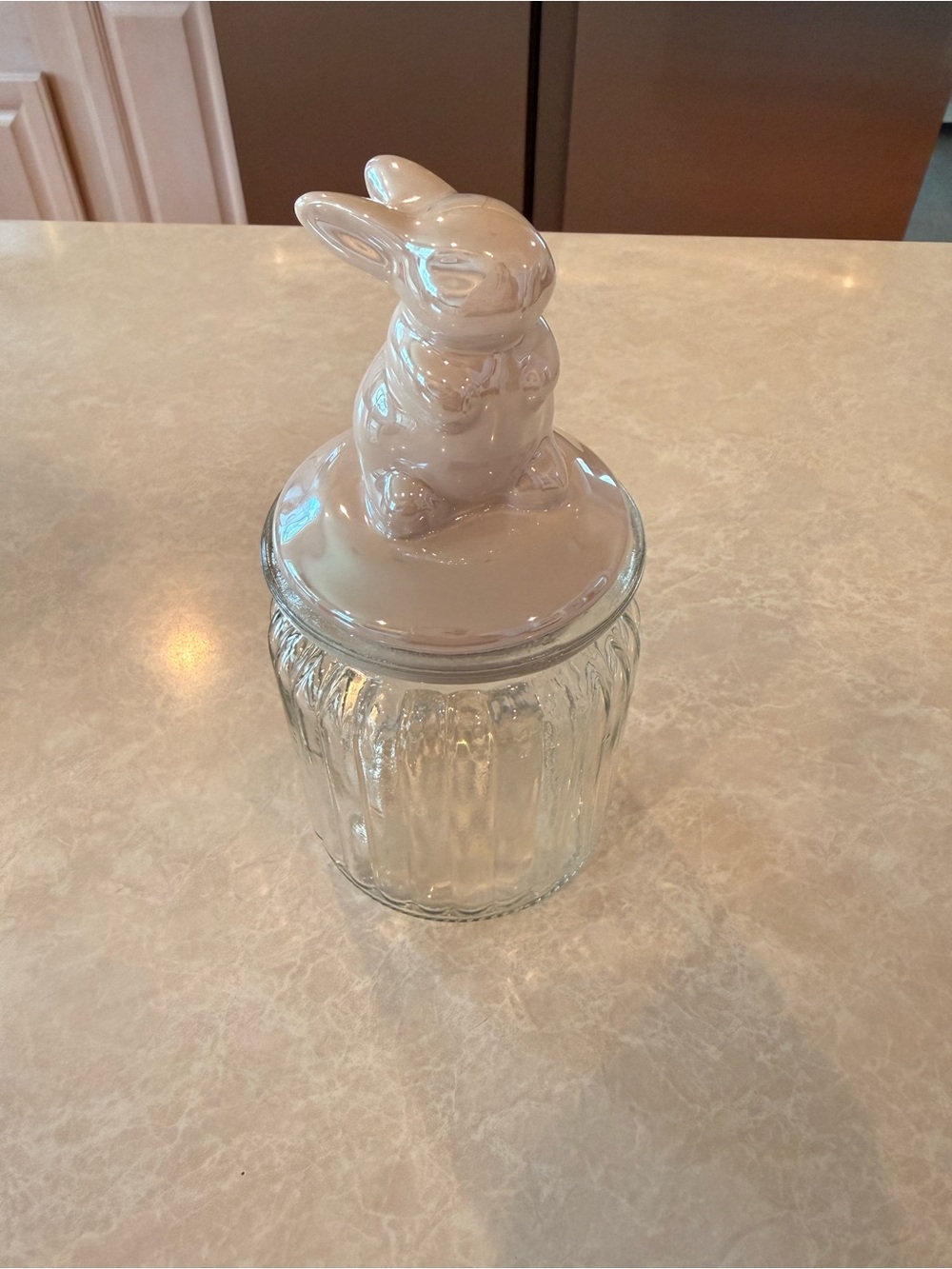 Ceramic Glass Storage Jar - with Iridescent ceramic Bunny on the lid